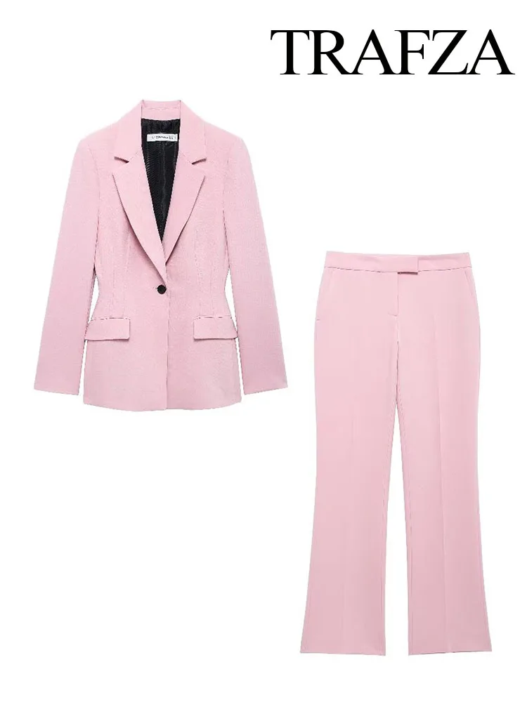 TRAFZA Women 2 Piece Set Pink Lapel Long Sleeve Pocket Single Button Design Slim Blazer Coat+Casual Loose Zipper Wide Leg Pants