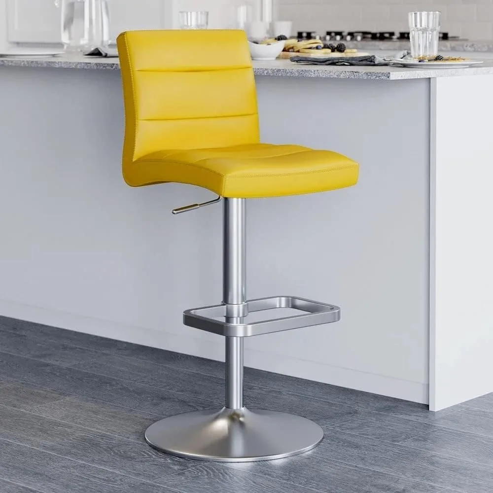 Adjustable Height Yellow Swivel Armless Bar Stool with Brushed Steel Base