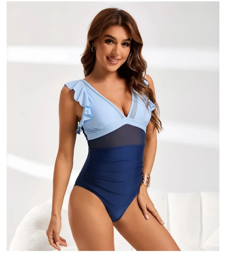 2025 neue Einfarbig Rüschen Mesh Badeanzug Spleißen einteiliges Badeanzug Weibliche Sexy Tiefe V Geraffte Bikinis