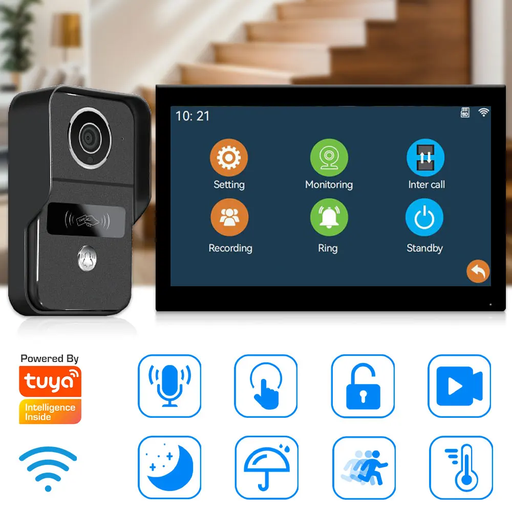 ANJIELO Tuya Smart Doorbell Video Intercom System 1080P Touch Monitor with IC Card Unlock Remote Motion Detection 140 Wide Angle