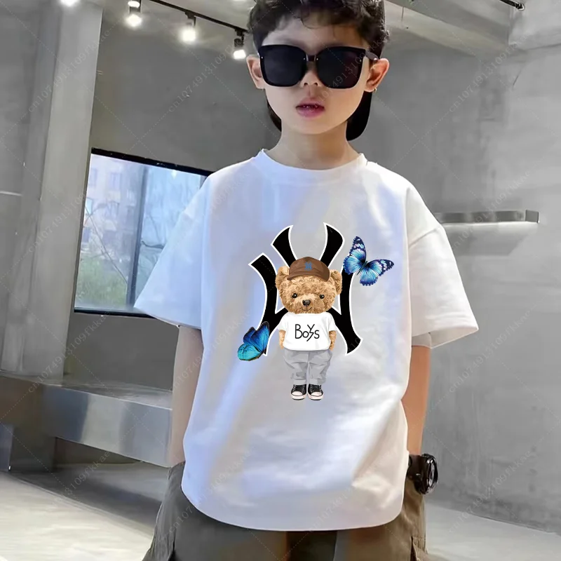 2024 New Kids Fashion Summer Cotton T-shirt Cartoon Bear Graphic Kids Short Sleeve Sweatshirt Boys Girls Luxury Brand Free Tops