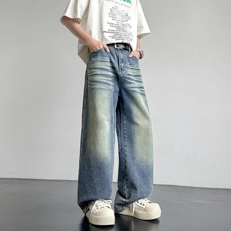 

Pop Spring New Trendy Jeans Metal Ring Design Male Gradient Color Washed Straight Male Denim Pants Wide Leg Casual Baggy Jeans