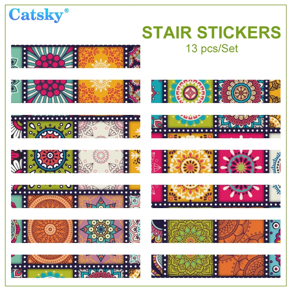 Ethnic Style Printstyle,Mandala,6pcs 13pcs/Set Stair Floor Stickers Waterproof Removable Self Adhesive Diy Stairway Decals