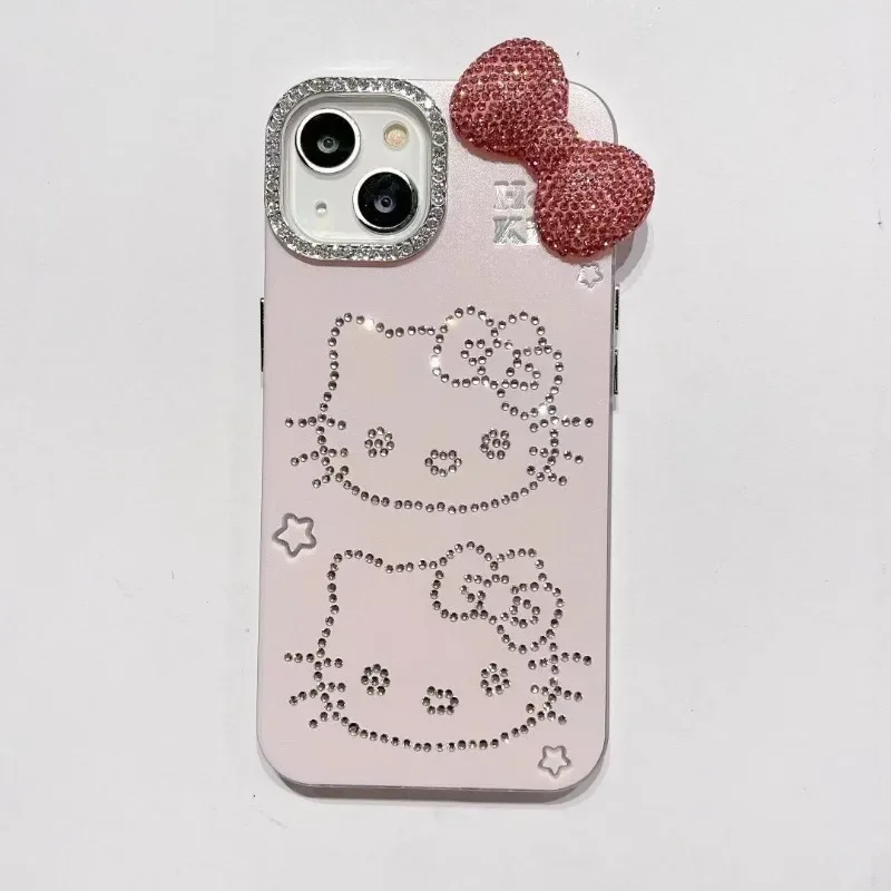 

Diamond bow foundation make up cute anime cartoon Sanrio Hello Kitty iPhone15 suitable for mobile phone case shatterproof gift