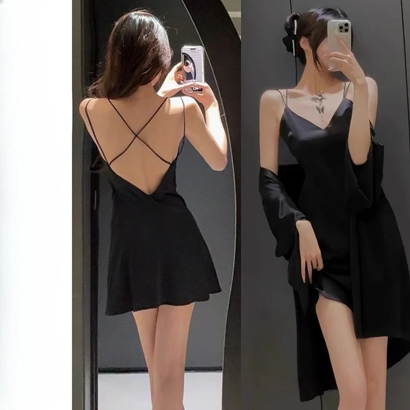 

French Simple Summer Backless Sexy Pajamas Chest Pad Lace Ice Silk Suspenders Thin Seduction Loungewear Nightgown Women Comfort