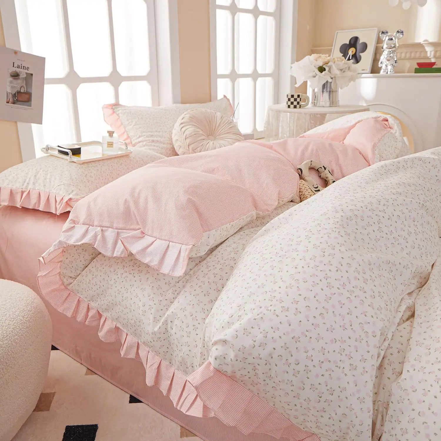 

Floral Duvet Cover Full Cotton Ruffle Lace Bedding Set with Zipper Closure Vintage Country Cottagecore
