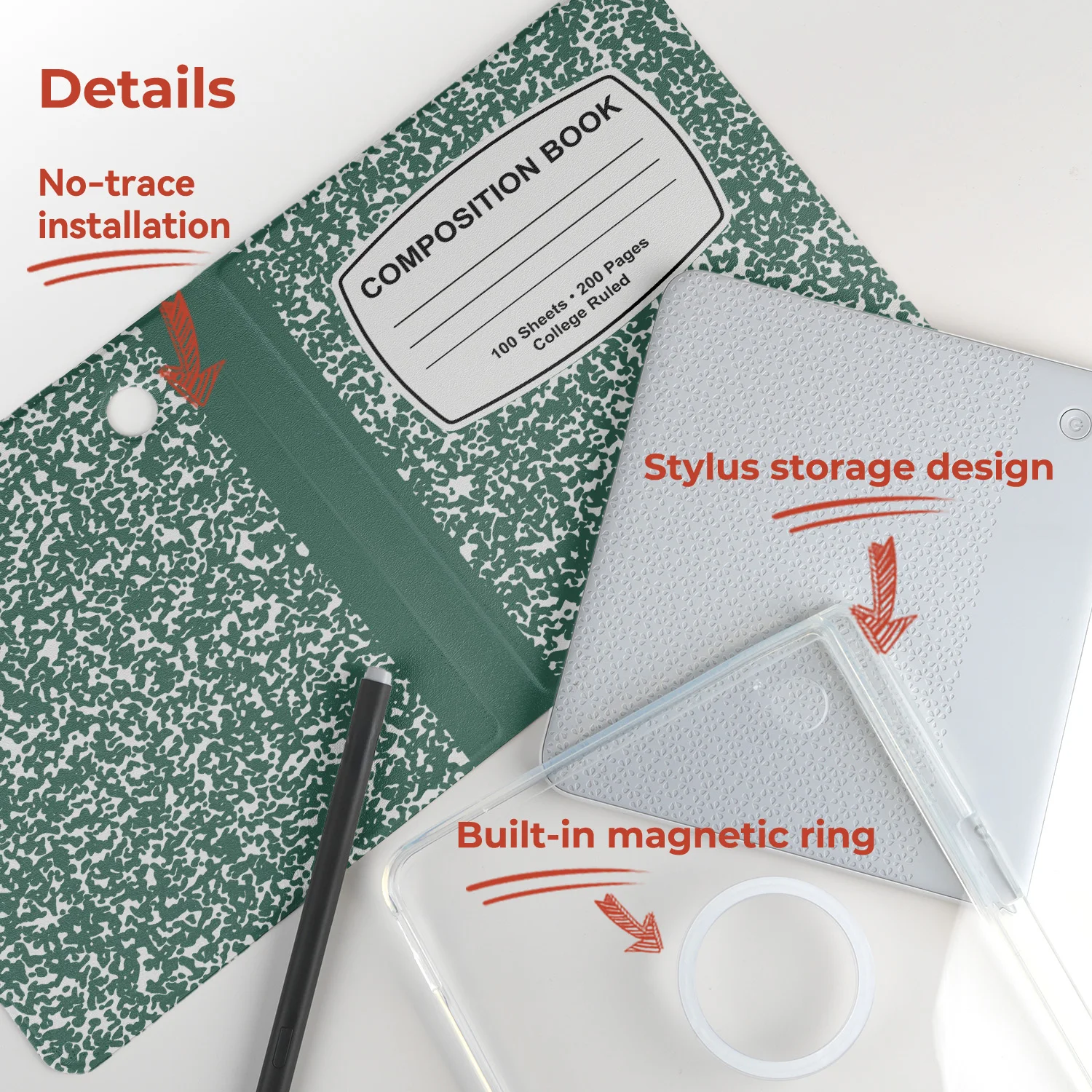 Twosheep suit for Kobo Libra Colour Kobo Libra2 Magnetic Detachable Case Cover with Stylus Slot Clear Back Composition Book