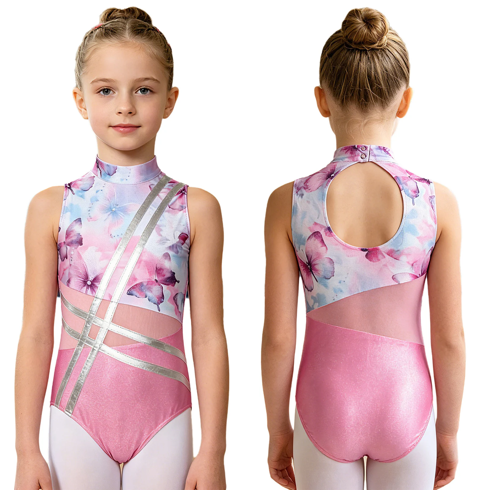 

6-16 Girls Gymnastics Leotards Mock Neck Sleeveless Back Hole Patchwork Printed Unitards for Training & Competition