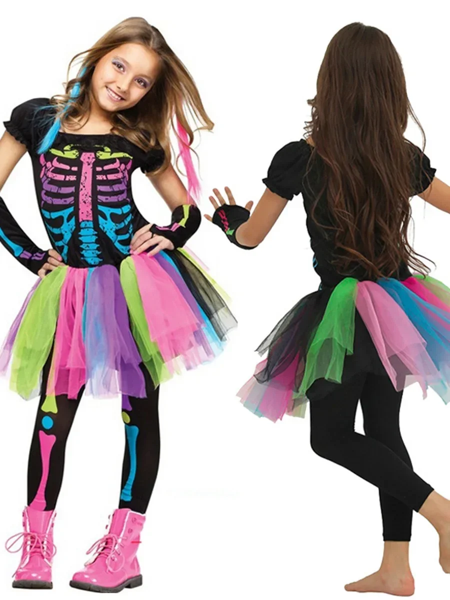 2026 Mädchen Skelett-Rose Punk Cosplay Kleid mit Hose Set Knochen-Print Kinder-Outfit für Halloween Bühnenparty Verkleidungskostüm – Detail 6