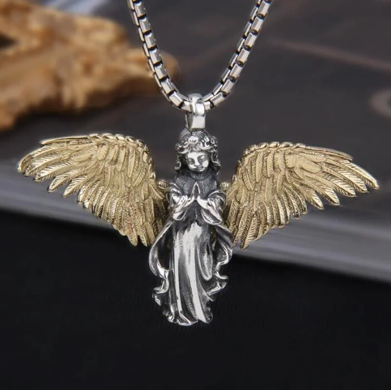 Vintage Gold color Wings Silver Color Angel Girl Distressed Pendant Necklace Charm Prayer Amulet Angel Girl Necklace