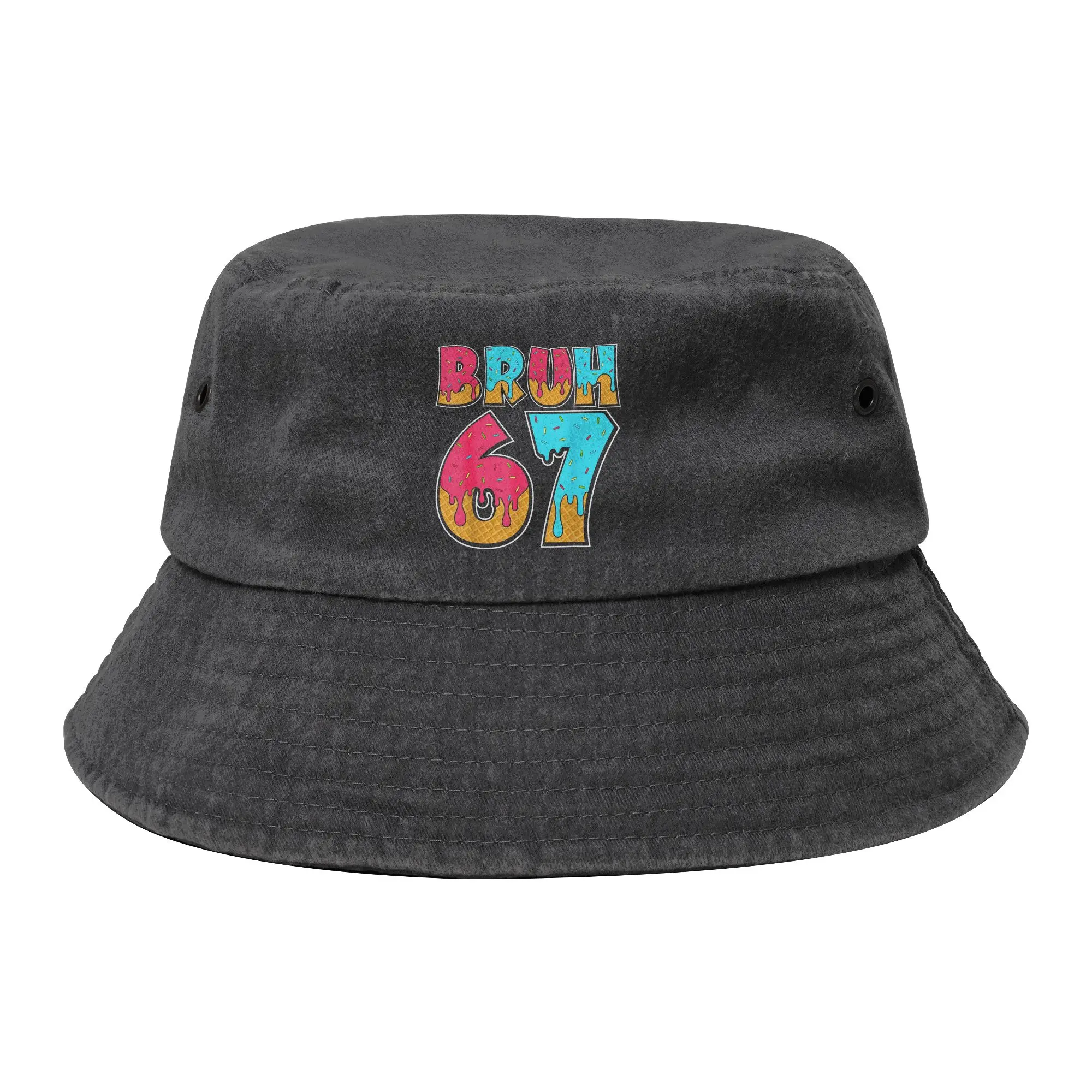 Bruh 67 Brainrot Bucket Hats for Teen Beach Ice Cream Meme Six Seven Distressed Denim Washed Floppy Hat Outdoor Fishing Hats
