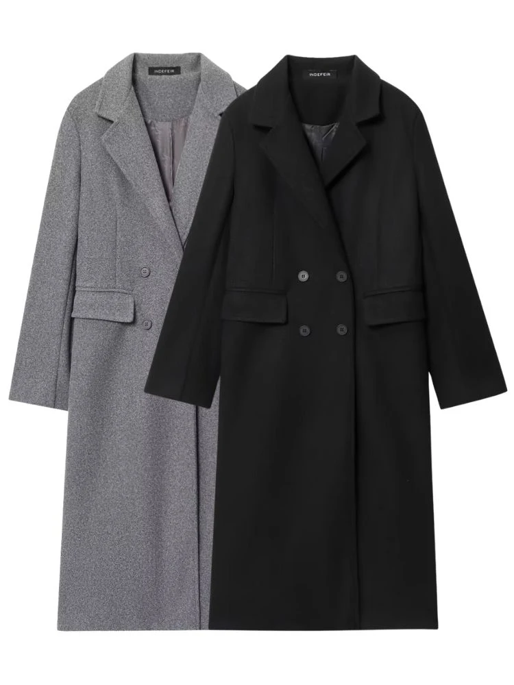 

HH Fashion Women Soild Tweed Long Coat 2025 Double Breasted Long Sleeve Lapel Blend Overcoat Autumn Winter High Street Outerwear