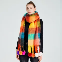 Checkered Thick Scarf Winter Warm Cashmere Scarf Rainbow Hairy Women's Serve Scarf Women's Tassel Shawl