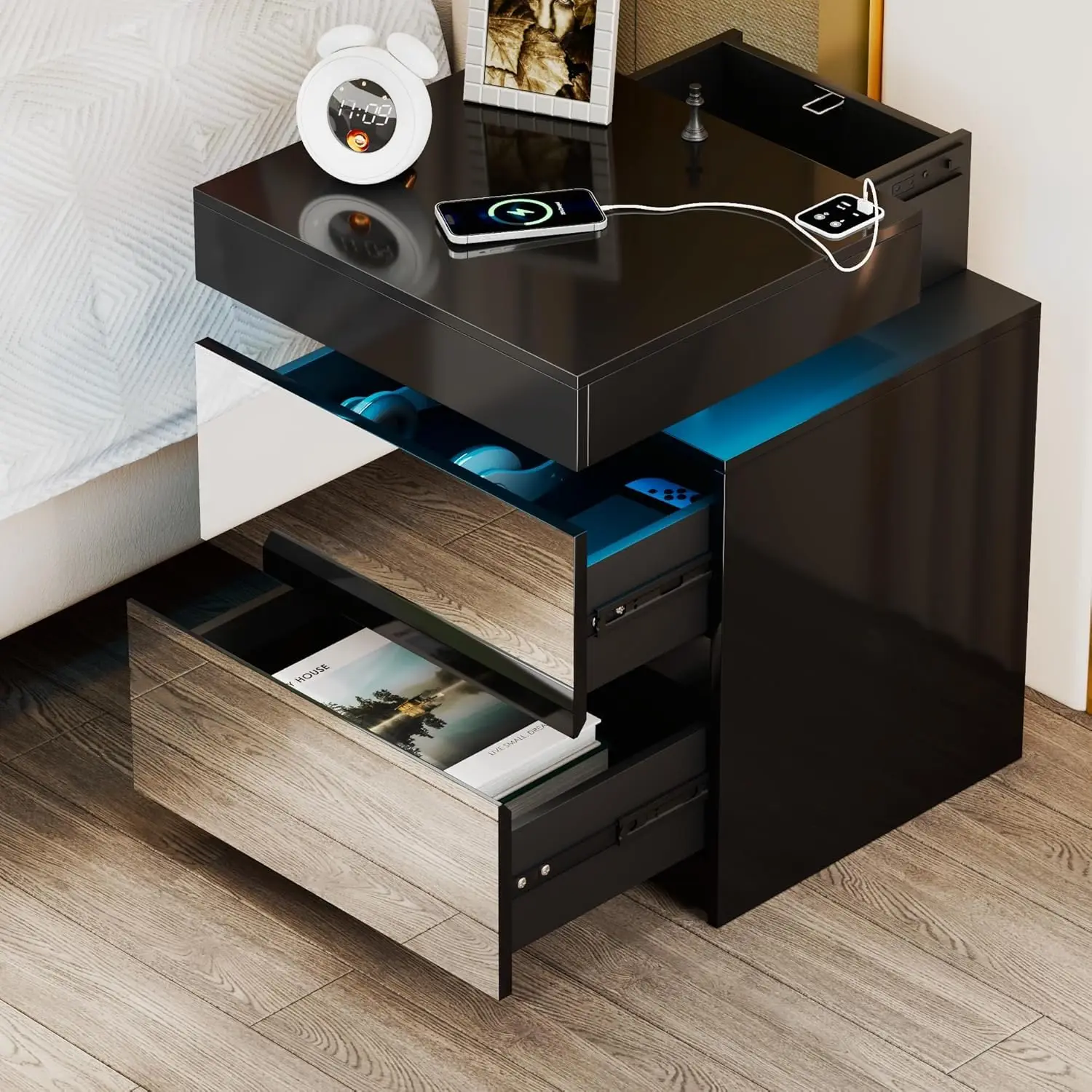 LED Nightstand Set Of 2 With Motion Sensor & USB Type-C, Black, Customized