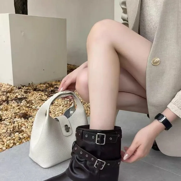 French Vintage Platform Soft Leather Ankle Boots for Women 2026 Fall New Belt Buckle Western Wrinkled Stacked Pants Tube Boots