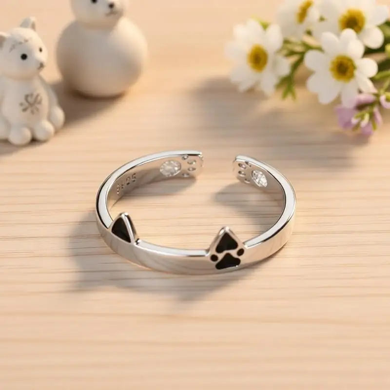 

Cute Sweet 925 Sterling Silver Cat Footprints Shape Open Adjustable Rings For Women Girls Wedding Party Fashion Jewelry Gifts