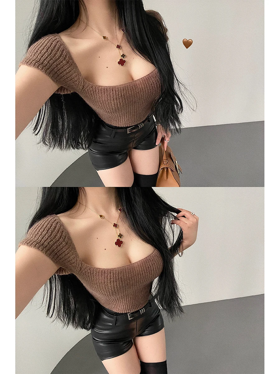 Pure Desire Spicy Girl Sexy Big Neck Slim Short Sleeves Short Knitted T-shirt Top Fashion Women Tees 2024 New Tops PW89