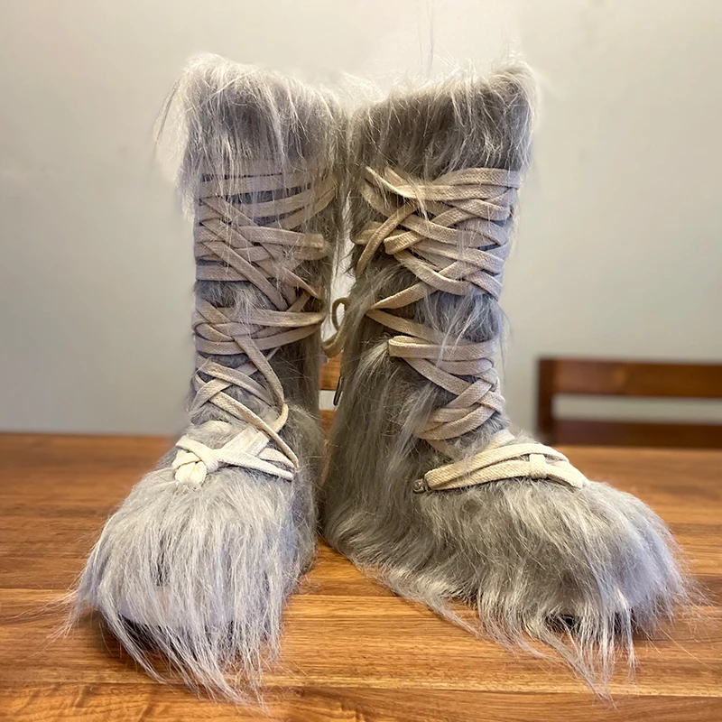 Grey Furry Cross-Strap Platform Mid-Calf Snow Boots Woman Winter 2024 British Style Fashion Round Toe Boots Shoes for Women