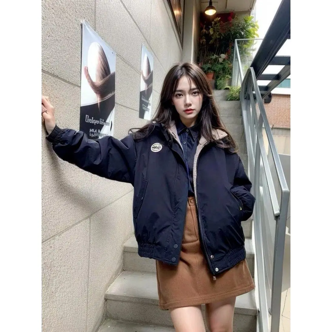 

Lamb Wool Jacket Short Coat Woman Quilted Bomber Padded Construction Zip-Through Front Ribbed Trims Utility Pocket Placement Ins