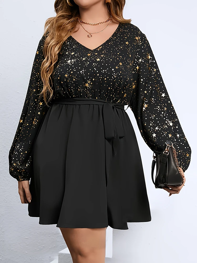 Plus Size z dekoltem w szpic z długim rękawem, luźna, wygodna, elegancka, wiosenna, nowa, bankietowa sukienka na imprezę Starlight