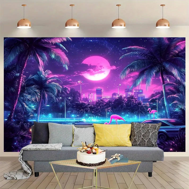 Neon Lila Rosa Sonnenuntergang Palmen Stadtansicht Flamingo Auto Synthwave Vaporwave Ästhetik Schlafzimmer Wohnzimmer Wanddekoration Wandteppich