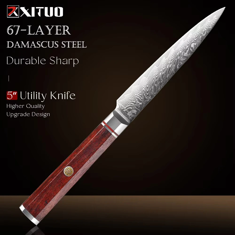 Japanese Damascus VG10 Steel Utility Knife 5 Inch - Ultra Sharp Paring Knife, Professional Kitchen Fruit Paring Knife (XITUO)