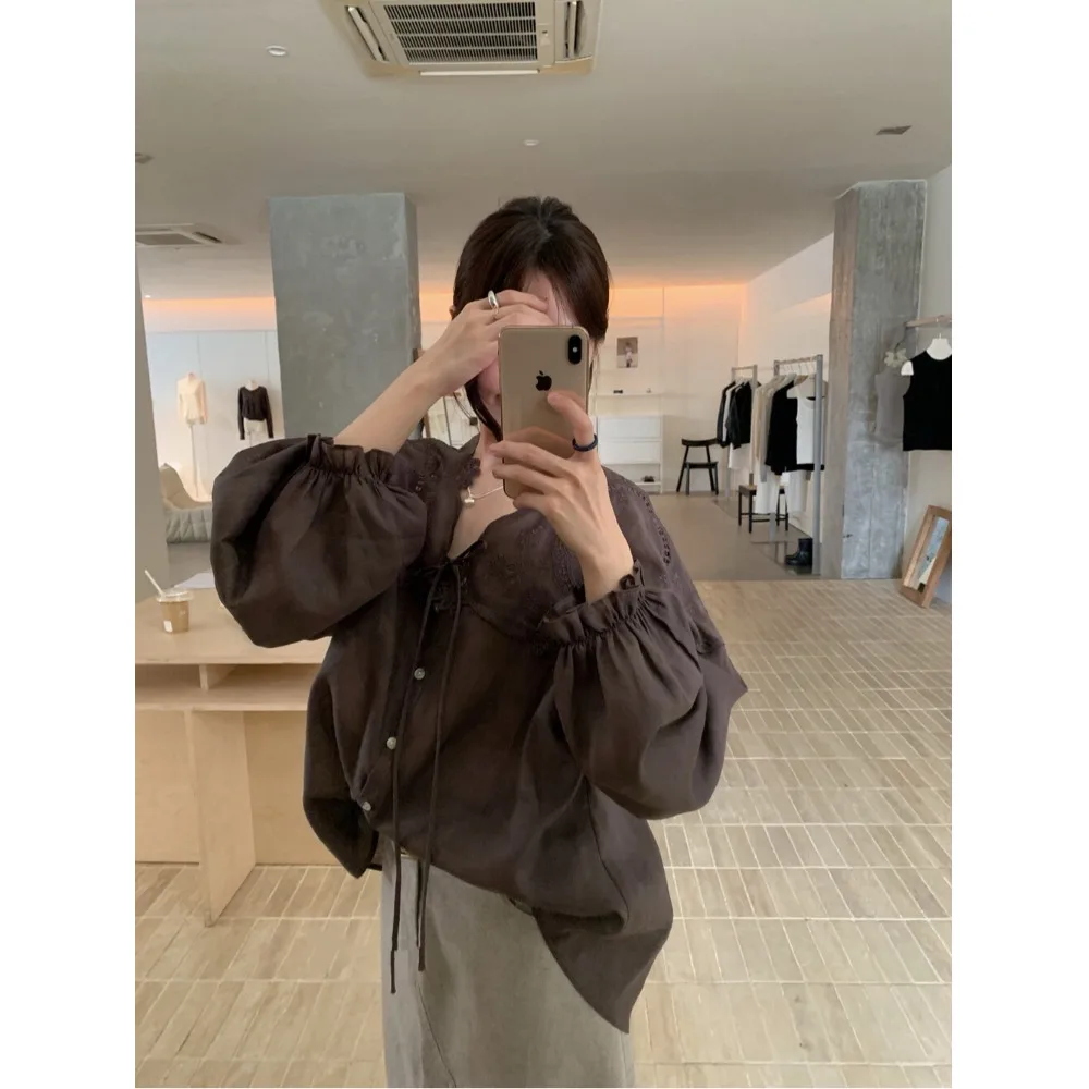 

Elegant Versatile Hollow out Floral Lace Splicing Long Sleeve Shirt Breathable Skin-Friendly Korean Style Women's Fashion