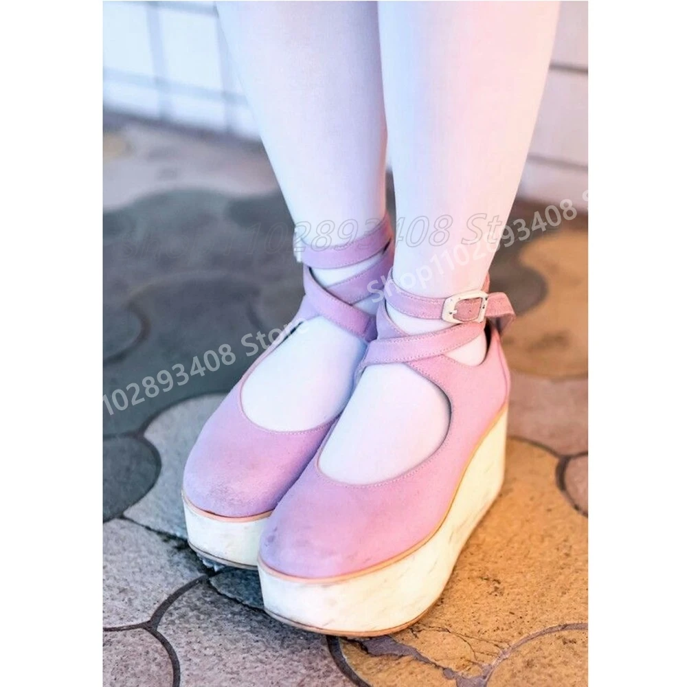 

Light Pink Suede Strappy Belt Strap Pumps Cosplay Thick Soled Elegant Shallow Hot Women Shoes 2025 Spring Zapatos Para Mujere