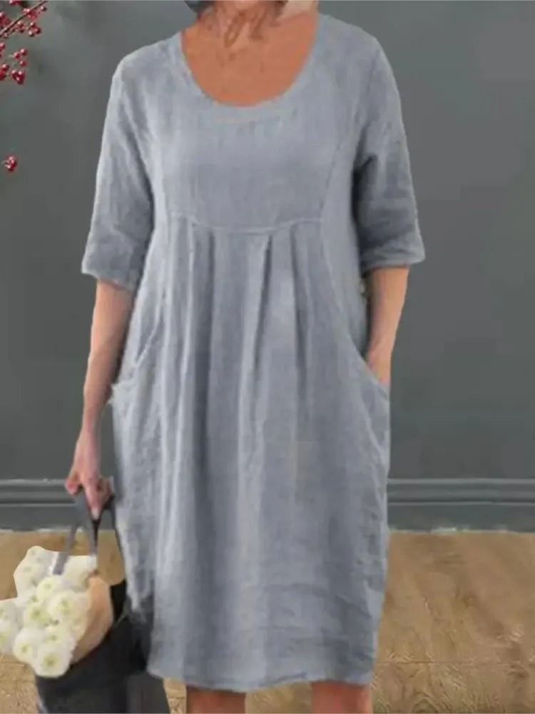 

Женское повседневное платье, модное однотонное свободное платье с круглым вырезом и коротким рукавом для женщин, элегантная офисная юбка, женская одежда, новинка лета