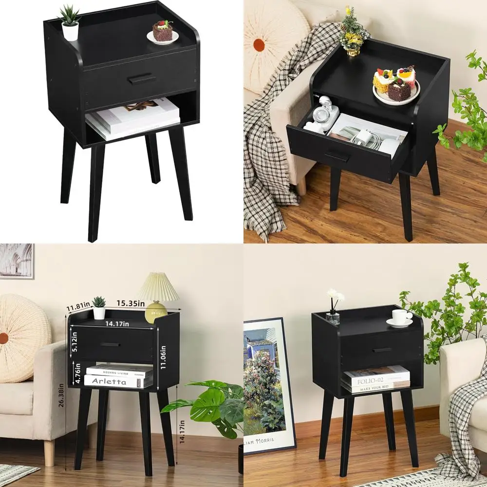 contemporary wooden nightstand with drawer, compact side table for small spaces, storage-friendly bedside furniture