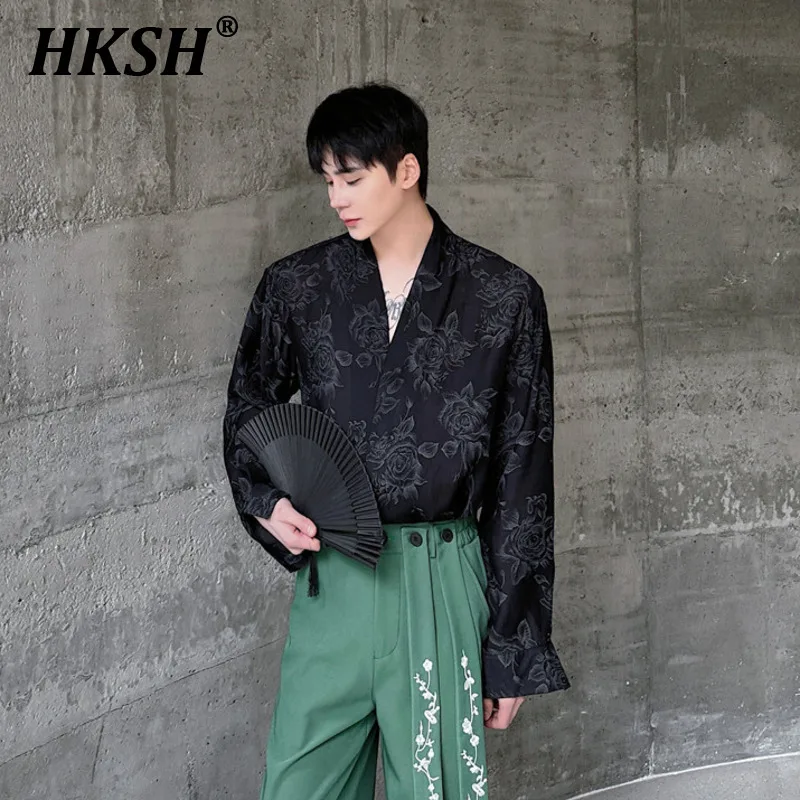 

HKSH Spring Summer Men's V-neck Print Casual Long Sleeve Shirt Stylish China-chic Tide Vintage Fashion Niche Design Top HK0348