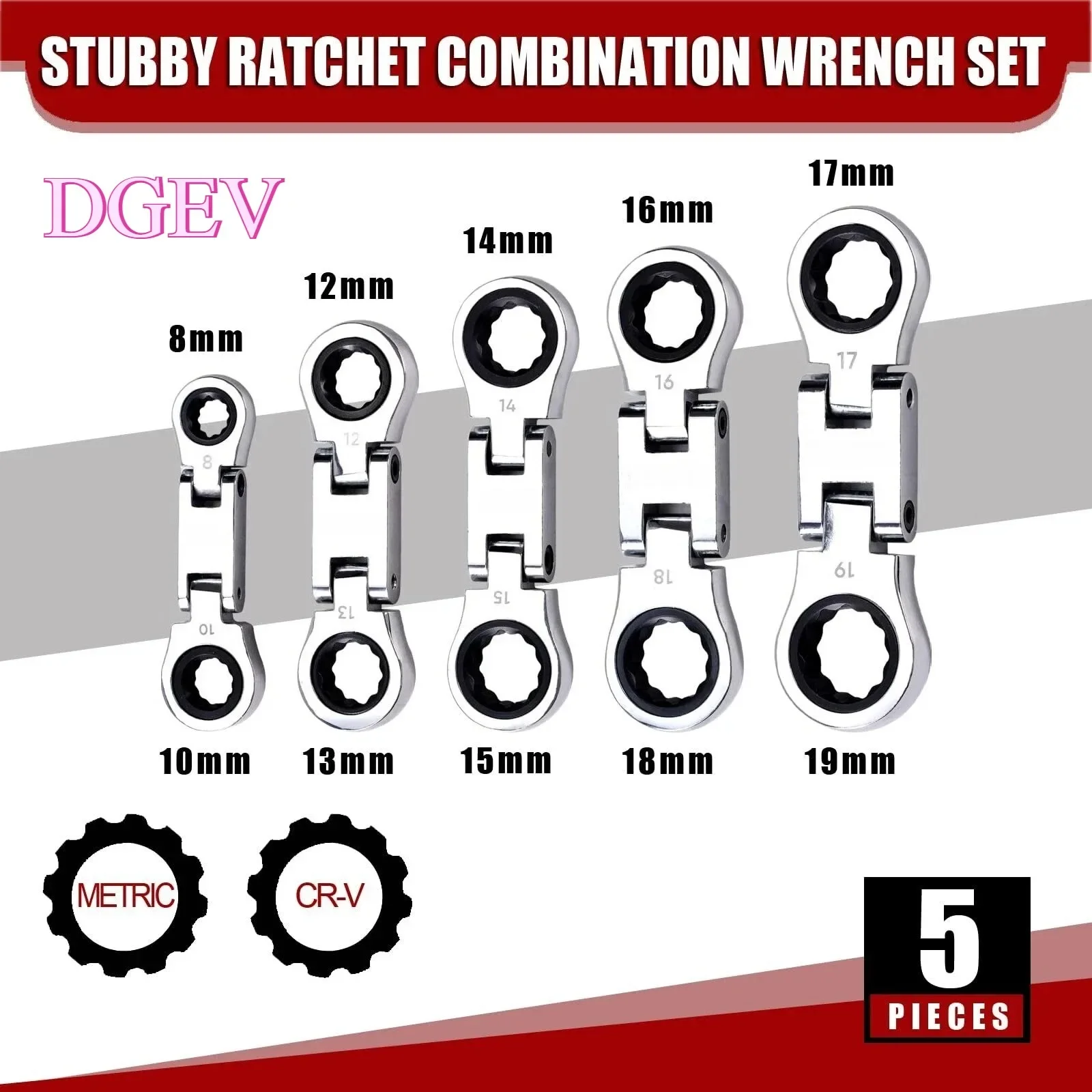 DGEV 5-Piece Stubby Flex-Head Ratcheting Wrench Set Metric Combination 72 Teeth with Rolling Pouch - Various Sizes 8m to 19m