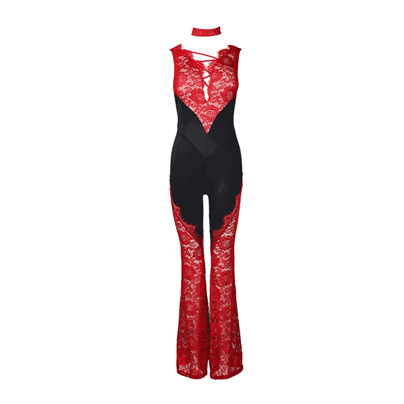 2025 Red Lace Latin Dance Jumpsuit Women Competition Clothing Cha Cha Rumba Dance Performance Cothes Adult Sexy Pants BL17705