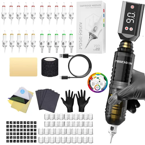 Imagen 2 del producto Kit de tatuaje POSEIDON V6, Kit de pluma de tatuaje para maquillaje permanente, Kit de máquina de tatuaje HM142, fuente de alimentación de tatuaje negra, Kit de tatuaje