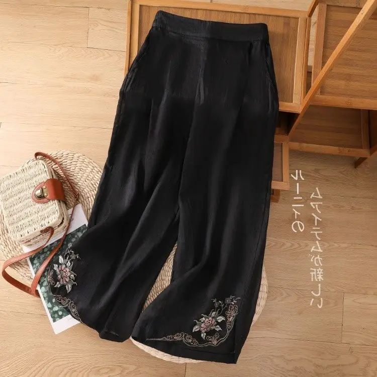Pantalones cortos elegantes de cintura alta para mujer, pantalón informal, holgado, estilo chino, estilo nacional, bordado Retro, ligero, transpirable