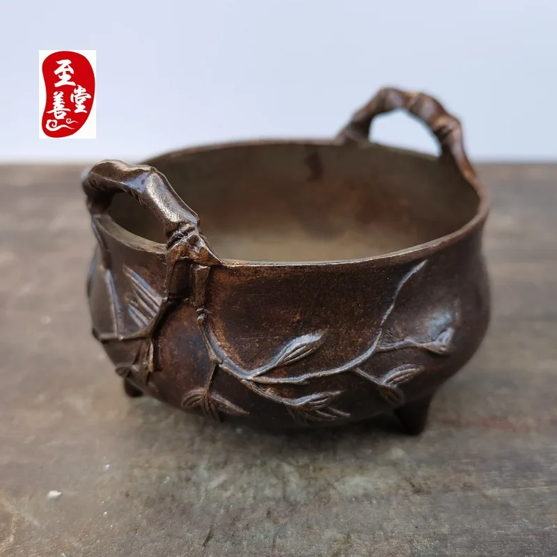 Antique aged alloy copper living room decorative ornament, double-handled bamboo-shaped incense burner5x8CM