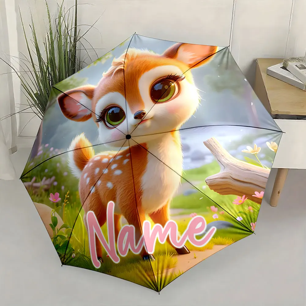 Custom Name Umbrella Cute Deer Design on Children's Umbrella Print 8 Iron Ribs Folding Umbrella Auto-Open Fashion Sunshade