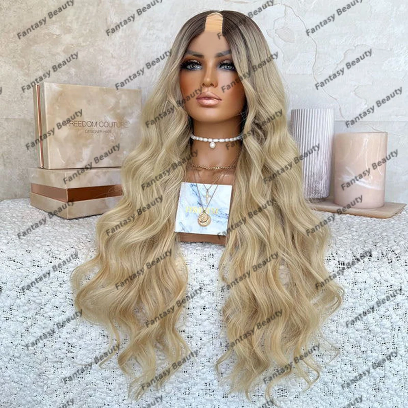 Long 28Inches Water Wavy Human Hair Glueless 1x4 Middle U Part Wigs Easy Wear Full Ends Ombre Sandy Blonde Opening V Part Wigs