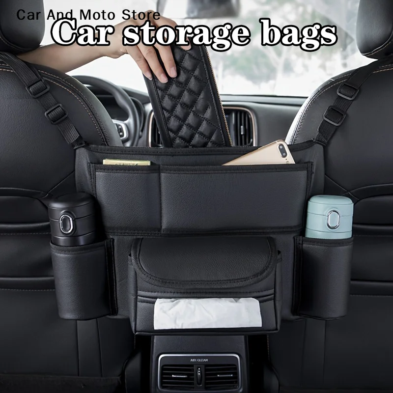 

【CMO】One Durable PU Leather Car Seat Storage Bag With Cup Holder, Side Pockets And Front Storage Compartment.
