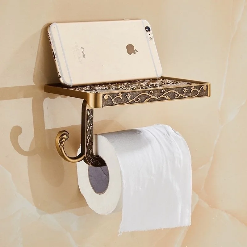 Antique Vintage Bronze Carving Bathroom Paper Holder Mobile Holder Toilet Paper Roll Holder Bathroom Storage Rack Accessory