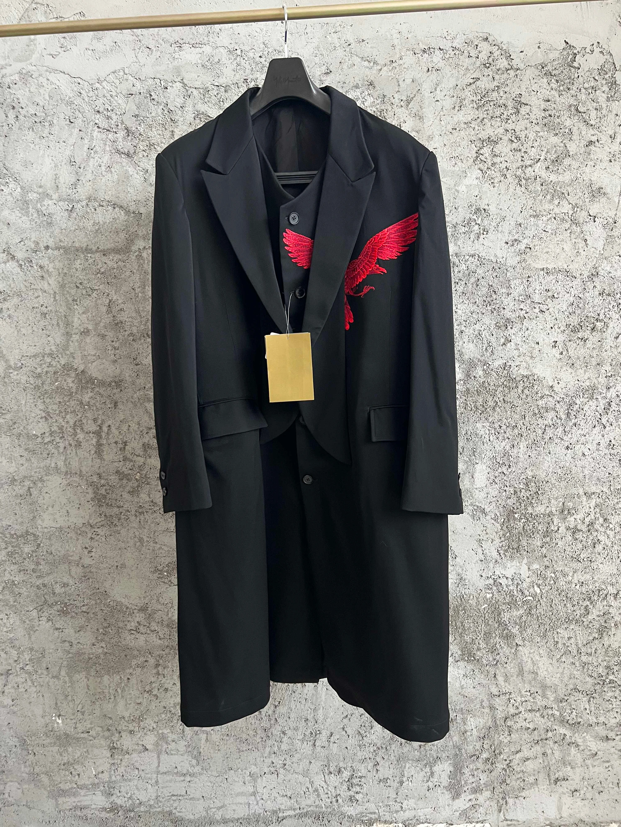 معطف مزدوج من TOP-YAMAMOTO مطرز بالغراب الأحمر، صوف، كاجوال وفضفاض #1