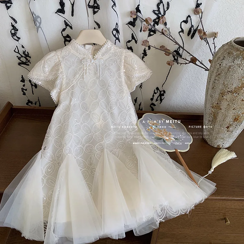 Girl's Fishtail Dress Cheongsam Dress24Summer Children's Little Girl Sequined New Chinese Style Buckle Princess Tulle SkirtChang