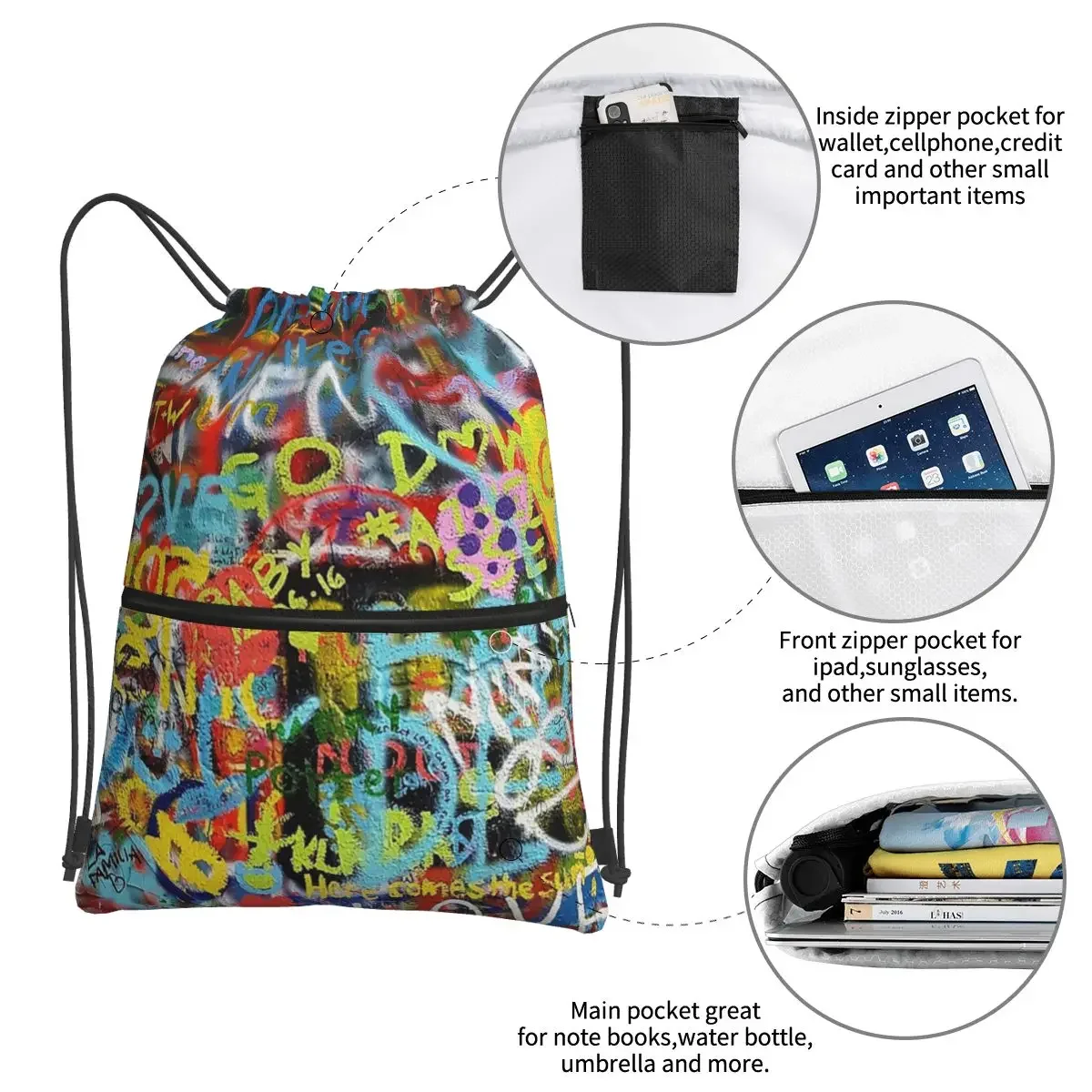 Mochila portátil Wall Art Graffiti, saco de cordão, bolso multifuncional, sapatos sacos para viagem, esporte, homem, mulher