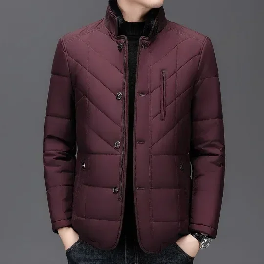 Men\'s Winter High-end Cotton Coat Jacket Mid-age Solid Color Stand Collar Thermal Protection Casual Style Cross-border Wear