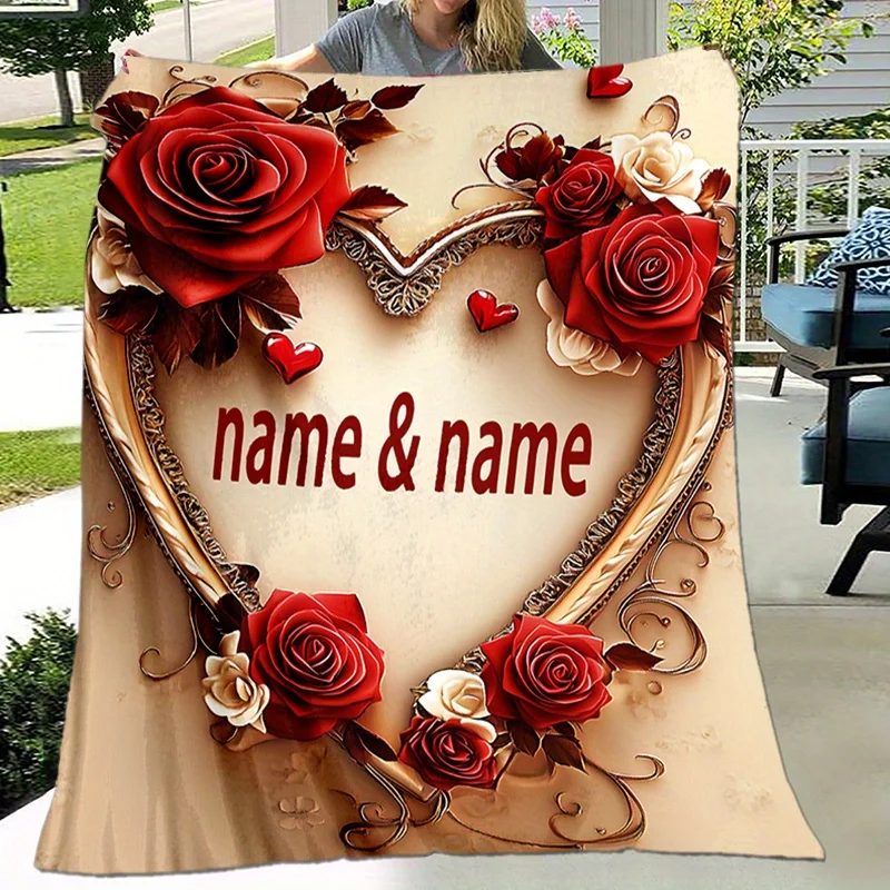 Personalized couple love blanket made of soft and washable flannel with customized name design
