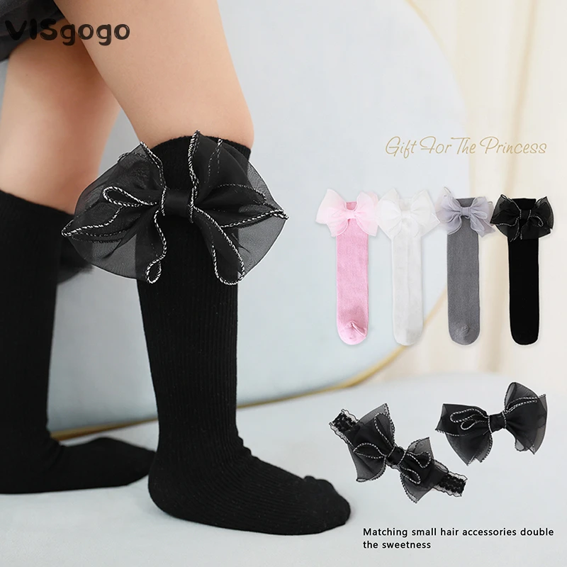 VISgogo Kids Girls Long Stockings Sweet Tulle Bowknot Soft Elastic Toddler Socks Lightweight Tall Socks for Casual Daily