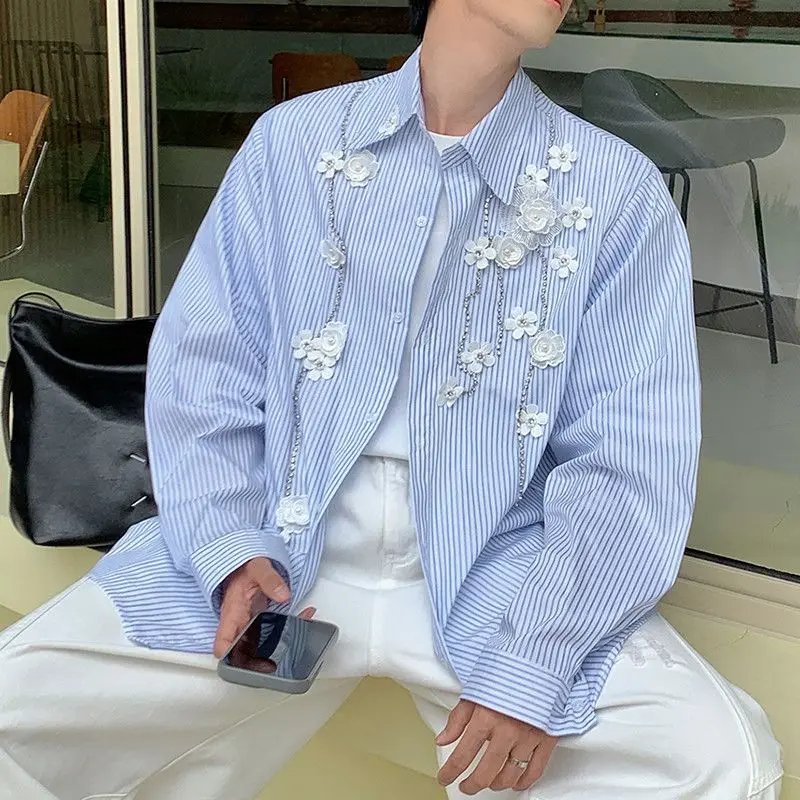 

3D Flower Decoration Aesthetic Oversize Shirts Women Men Cardigan Long Sleeve Shirts Blue Striped Applique Casual Top Large Size