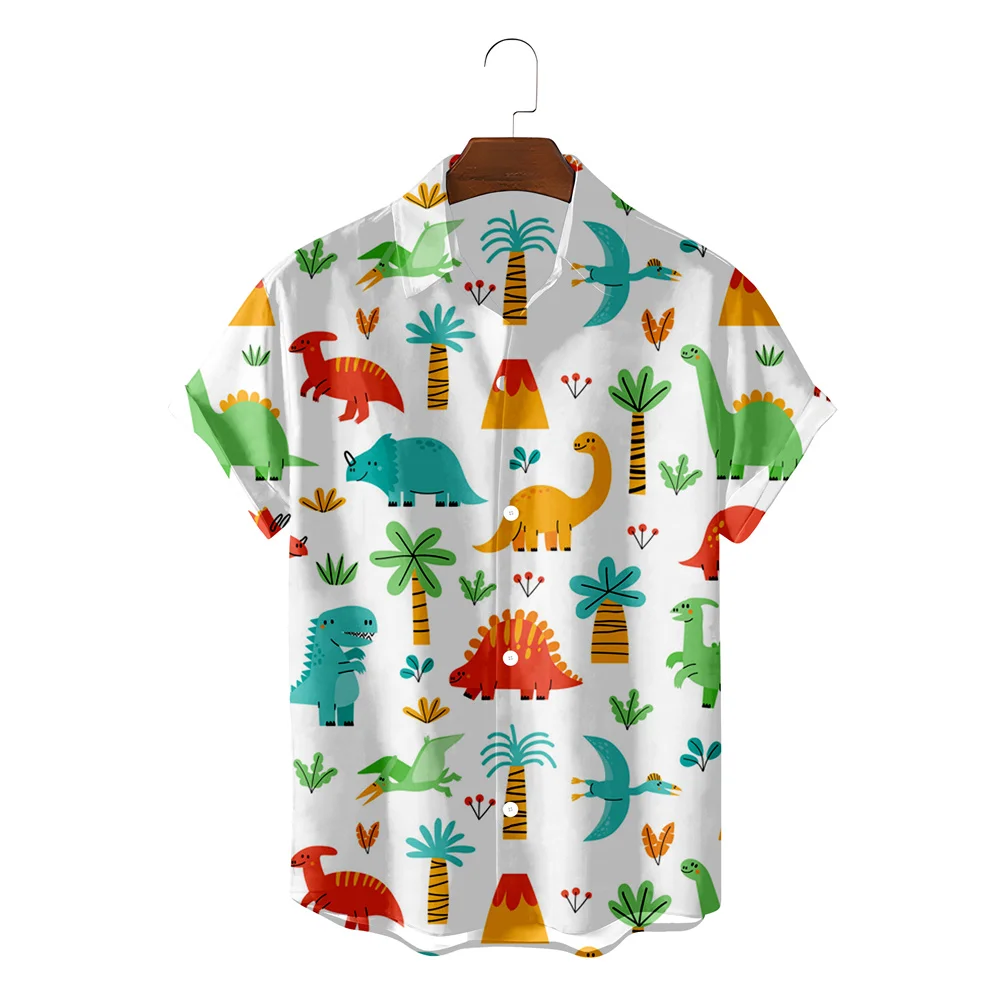 Dinosaurus 3d Print Mode Korte Knoop Shirts Mannen Hawaiian Retro Camisa Man Kleding Dier Casuais Vintage Bloemenblouse Jurk