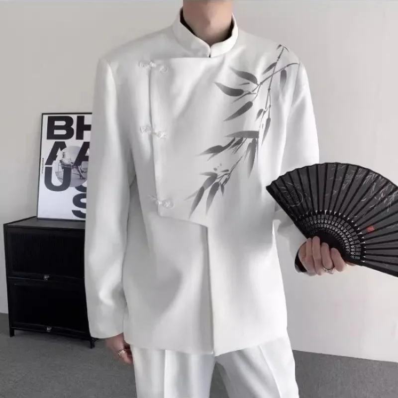 Men's Premium White Chinese Style Blazer Modern Streetwear Suit Jacket with Ink Bamboo Print Mandarin Collar Cover Buttons