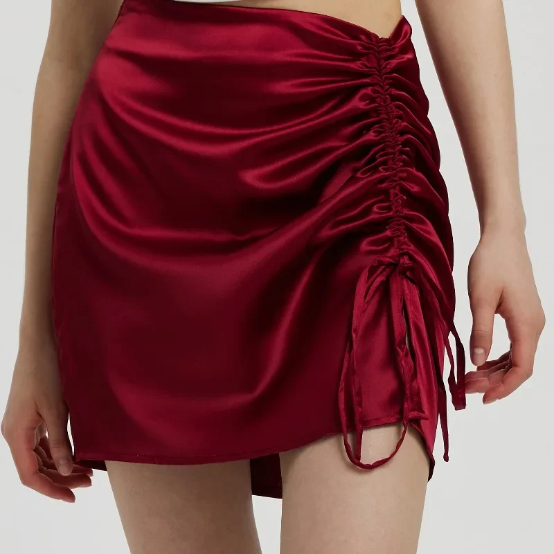 

Темпераментная летняя женская однотонная атласная юбка трапециевидной формы с зашнуровкой и высокой талией, облегающая юбка трапециевидной формы с разрезом